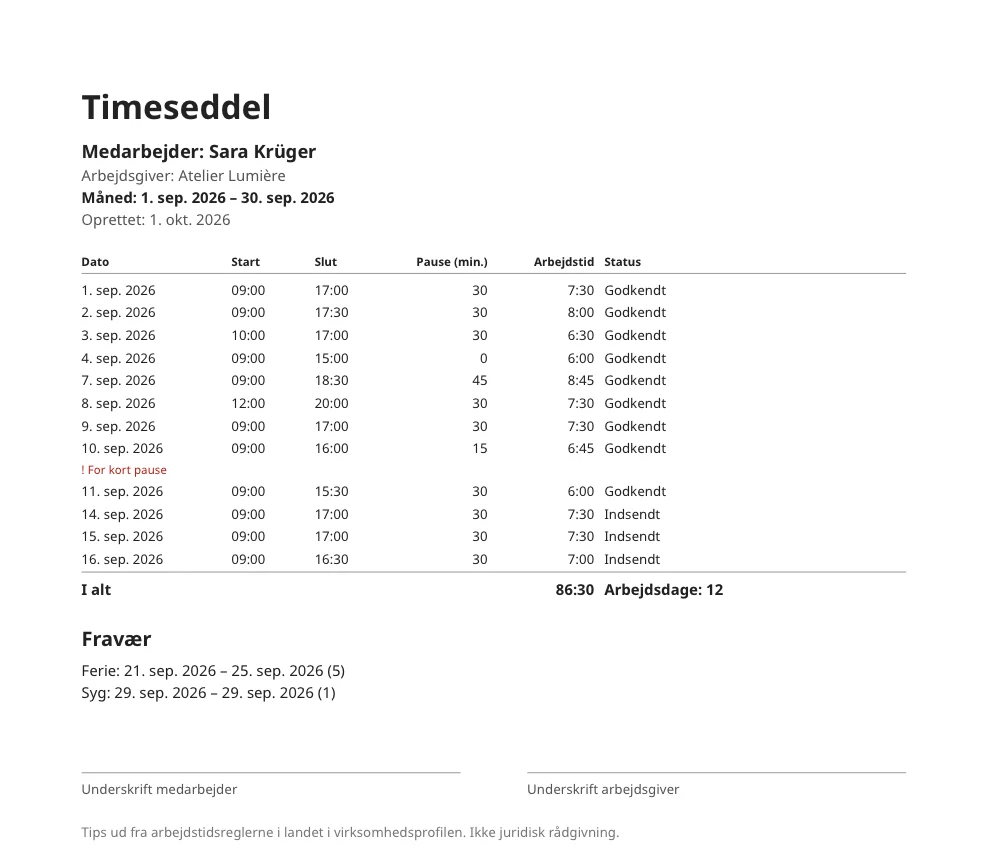 Timeseddel for en måned
