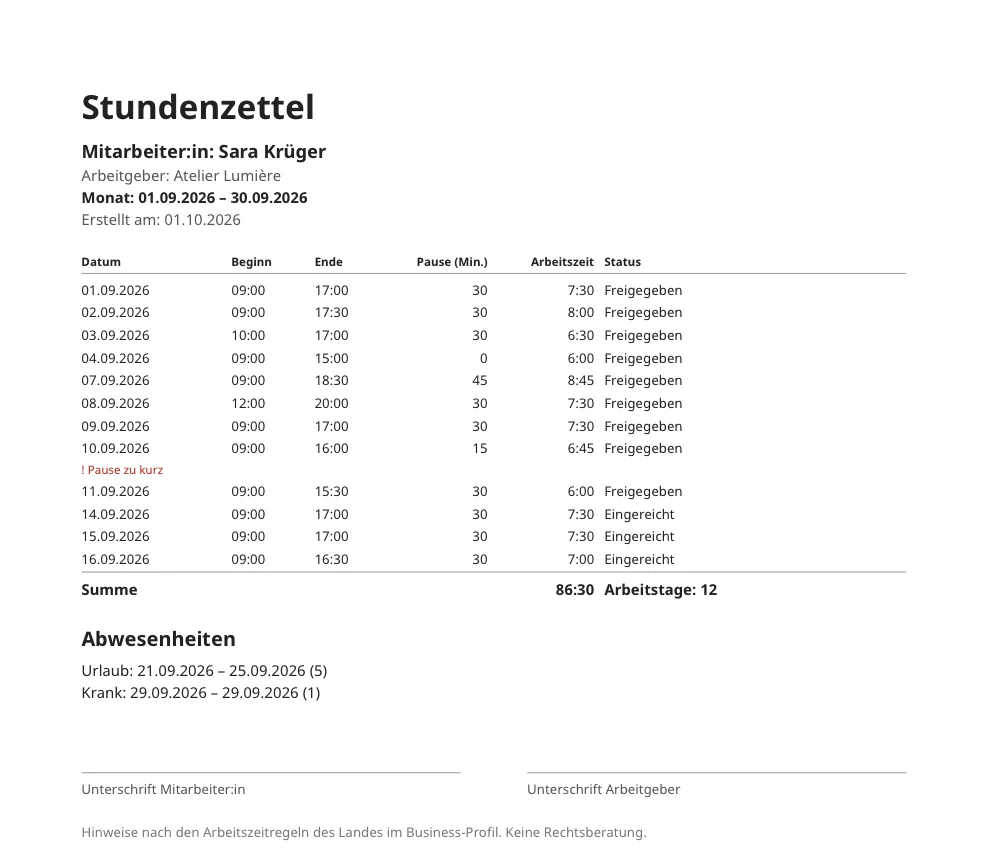 Stundenzettel für einen Monat