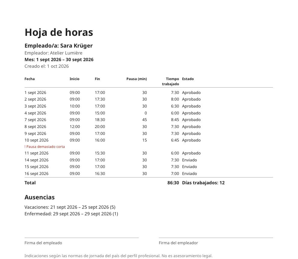 Registro de horas de un mes