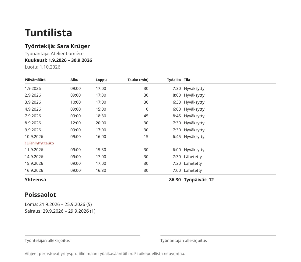 Tuntilista yhdeltä kuukaudelta