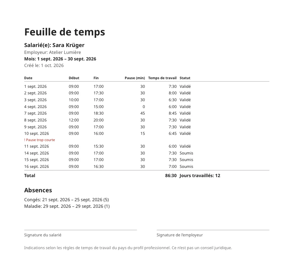 Feuille de temps d’un mois