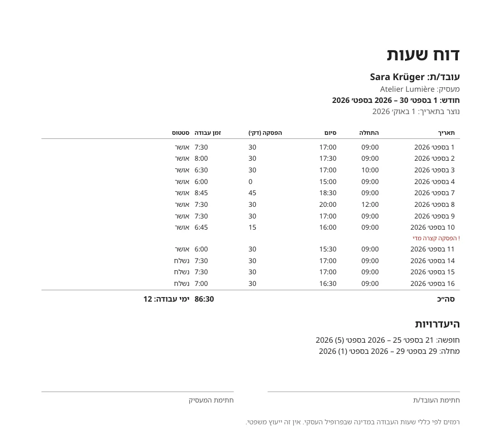 דוח שעות לחודש אחד