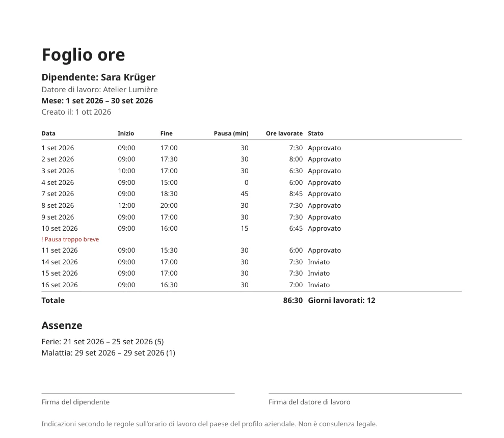 Foglio presenze di un mese