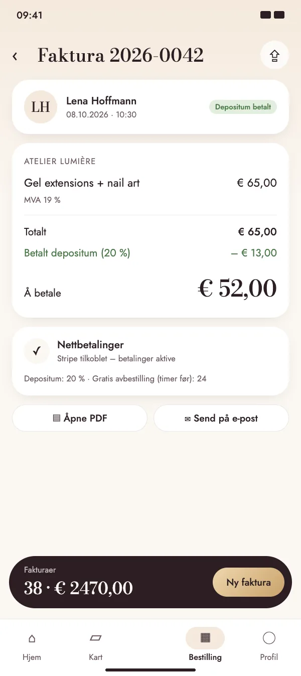 Faktura med et depositum som allerede er betalt på nett
