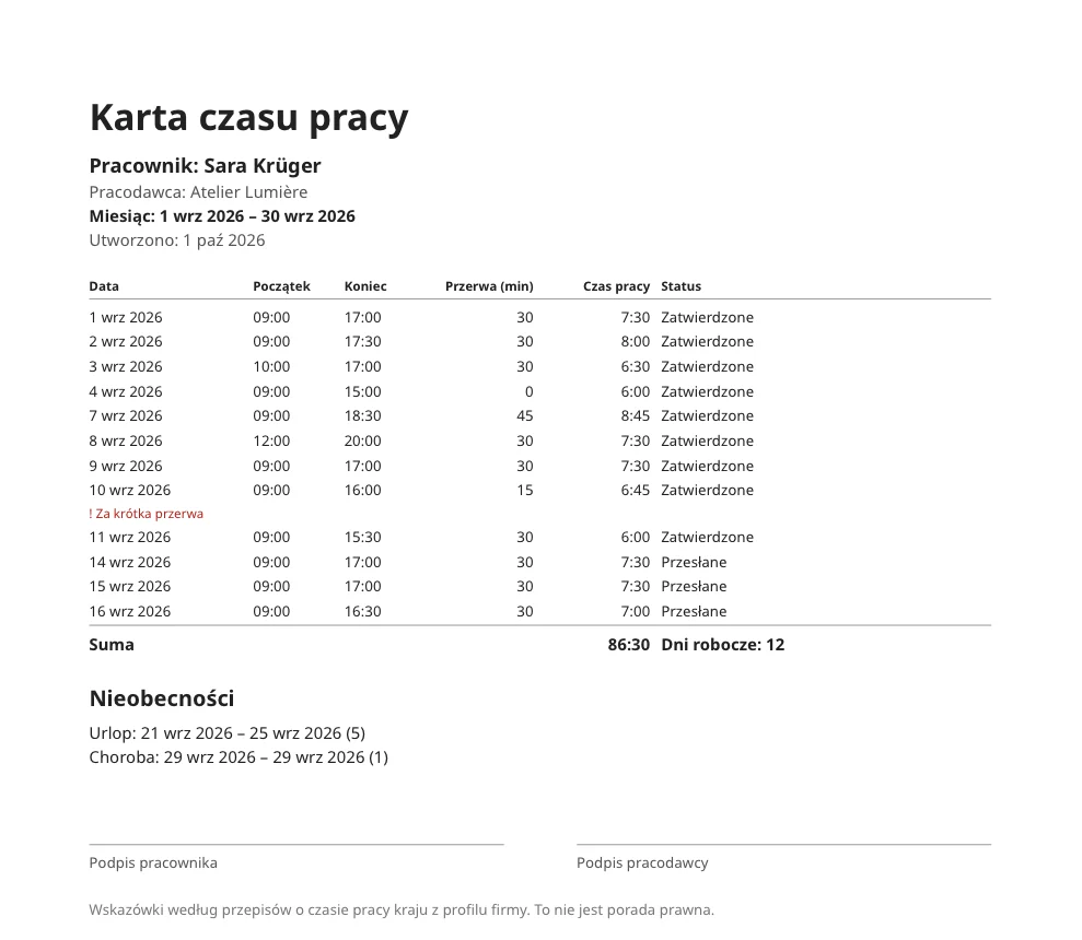 Karta czasu pracy za jeden miesiąc