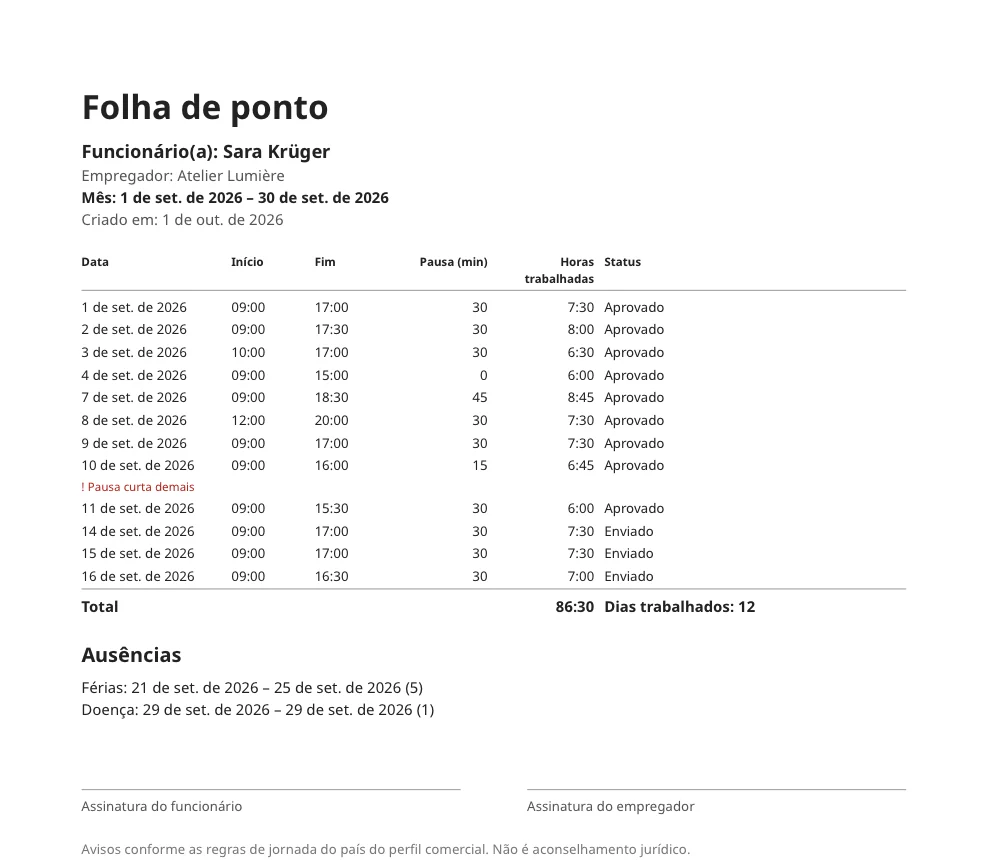 Folha de ponto de um mês