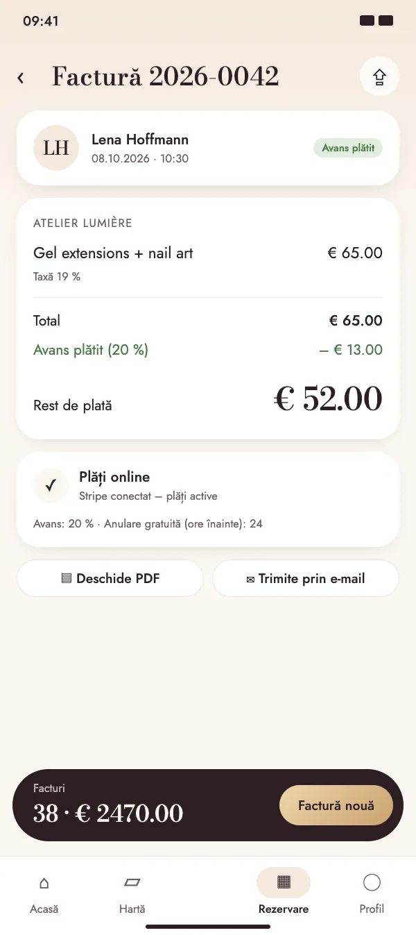 Factură cu un avans online deja plătit