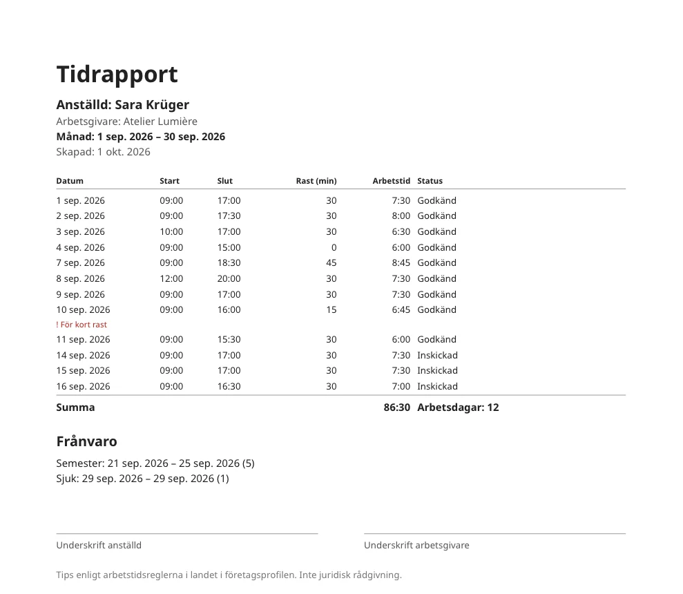 Tidrapport för en månad