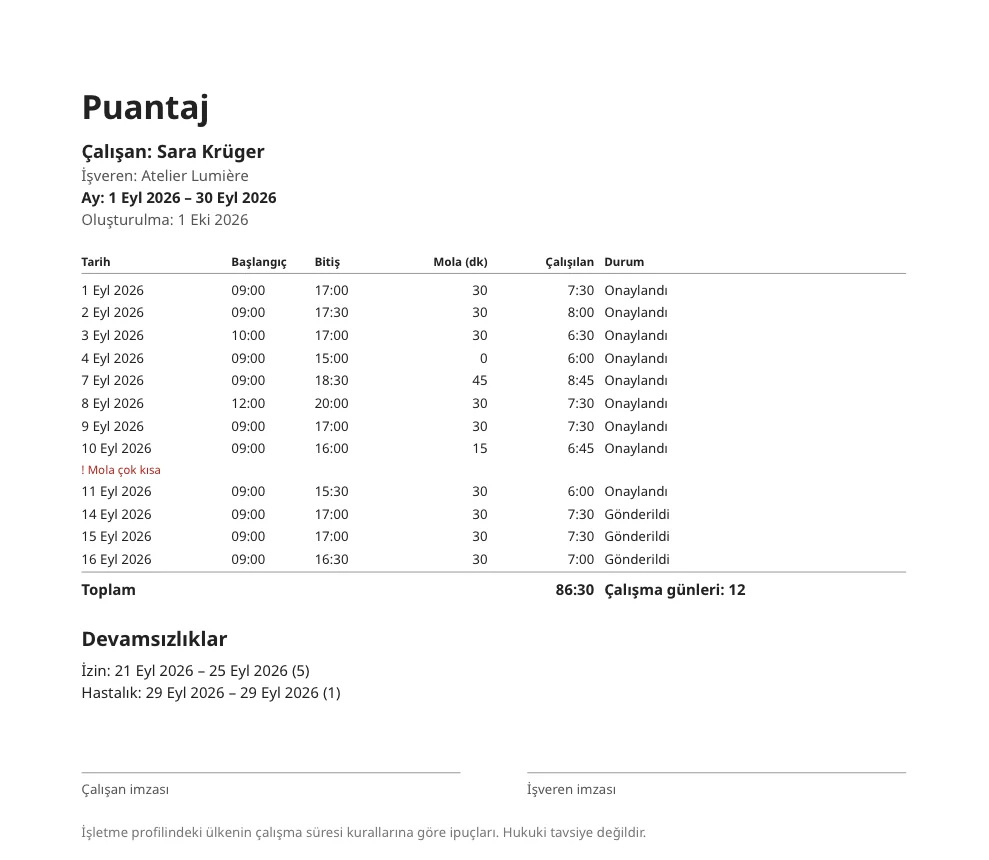 Bir aylık puantaj