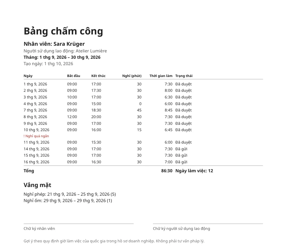 Bảng chấm công một tháng