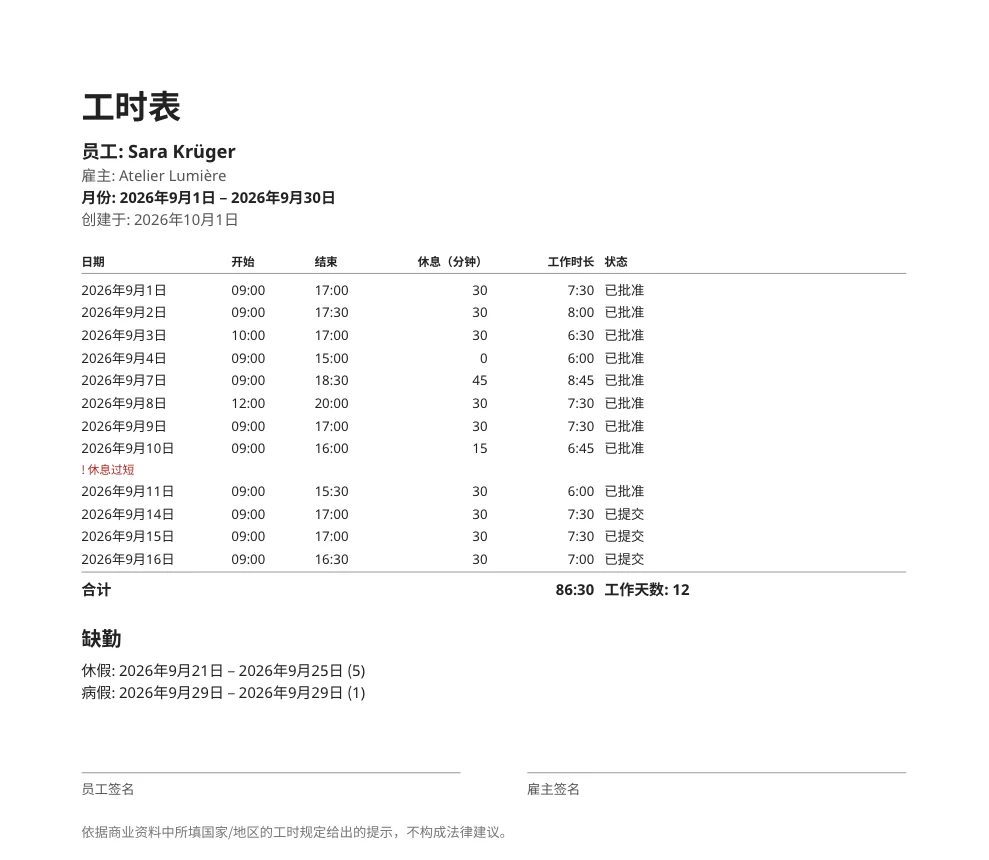 一个月的工时表