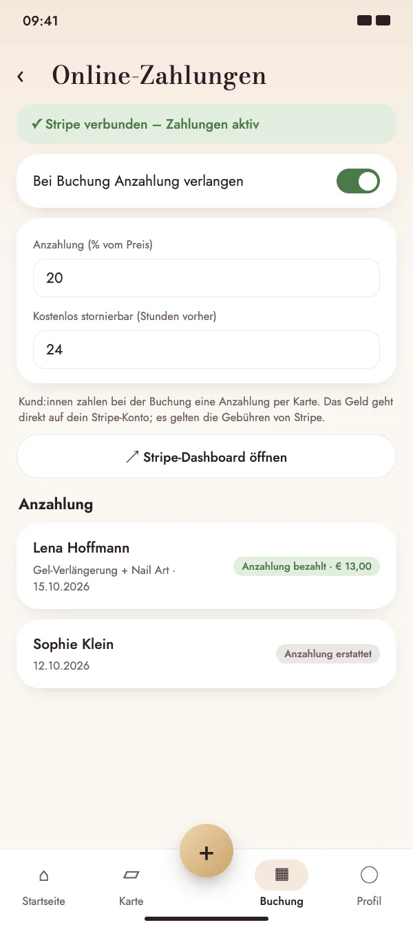 Anzahlung per Karte bei der Buchung