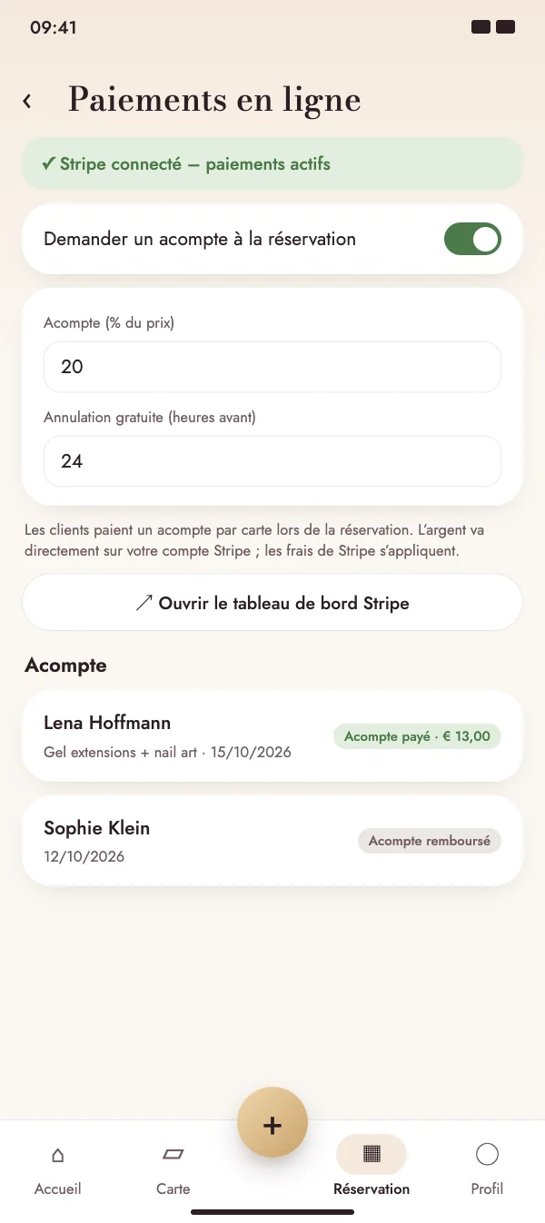 Acompte par carte à la réservation