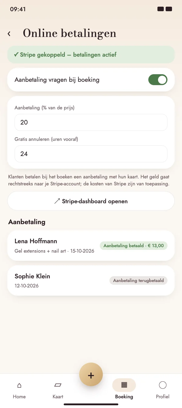 Aanbetaling per kaart bij het boeken
