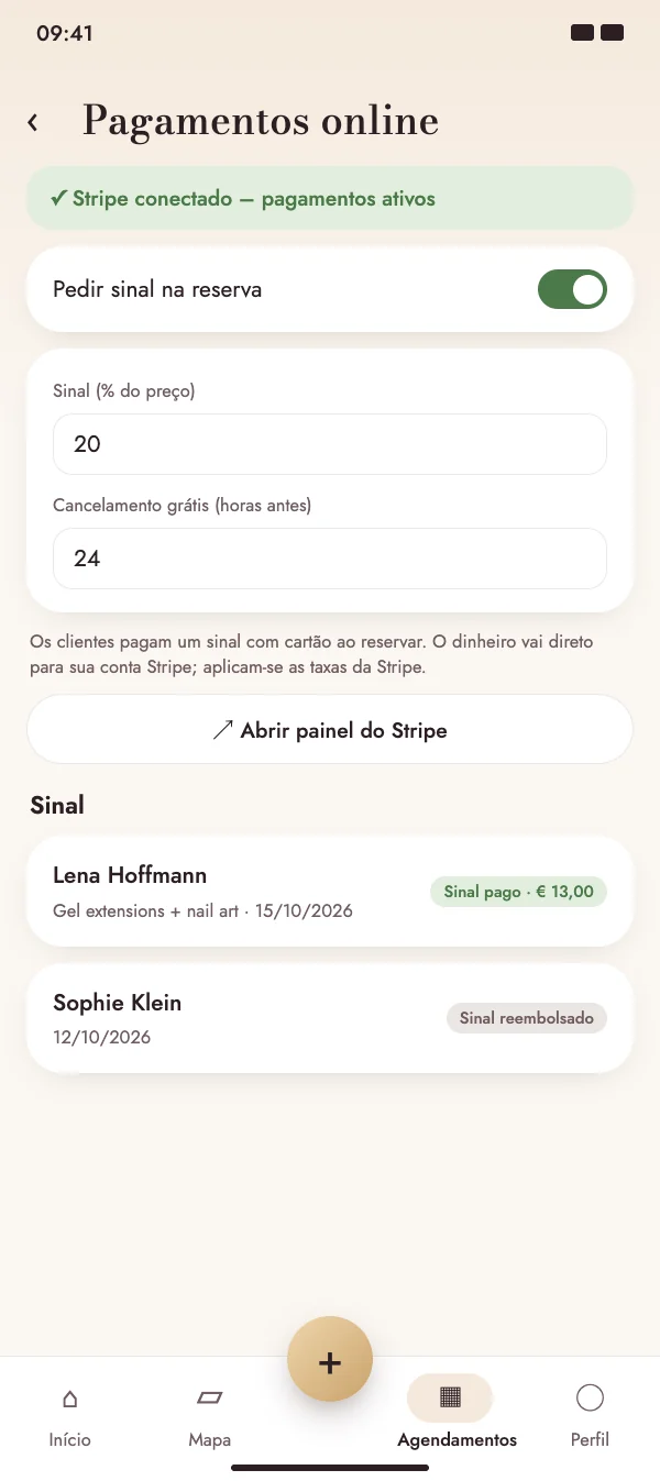Sinal no cartão ao agendar