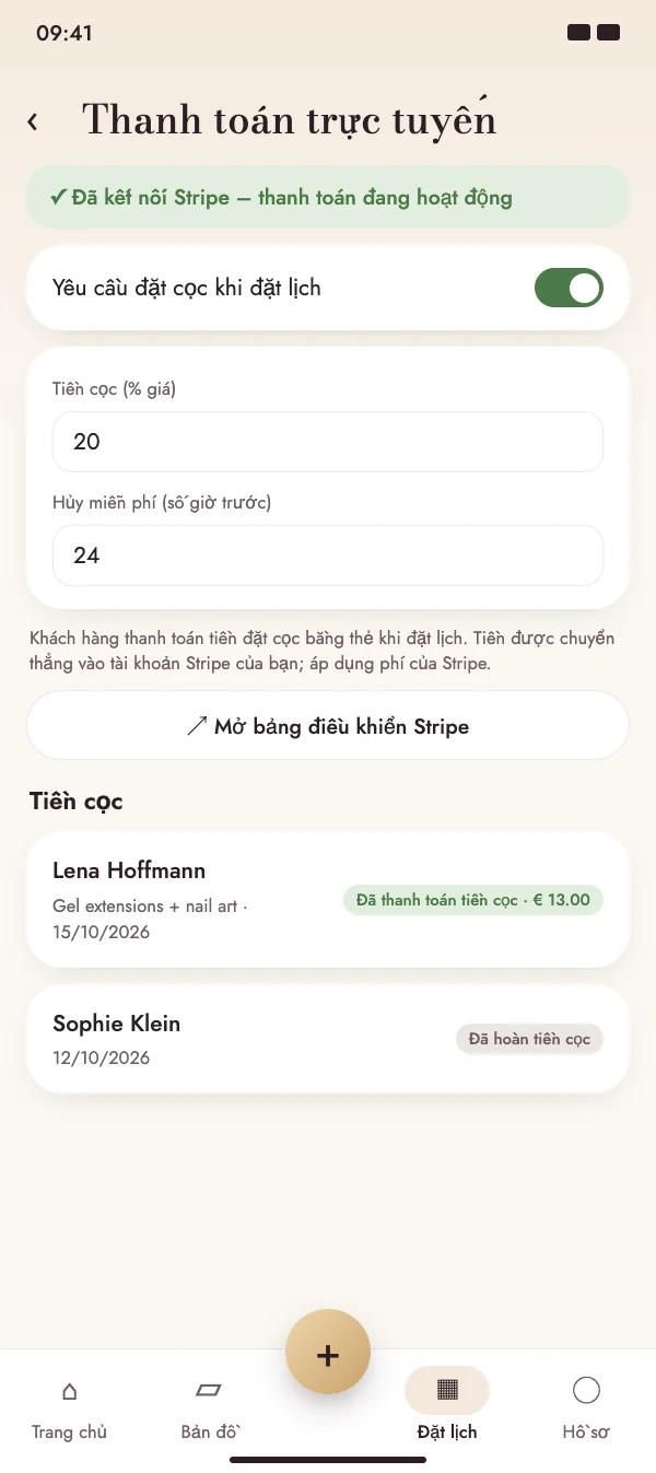 Cọc bằng thẻ khi đặt lịch