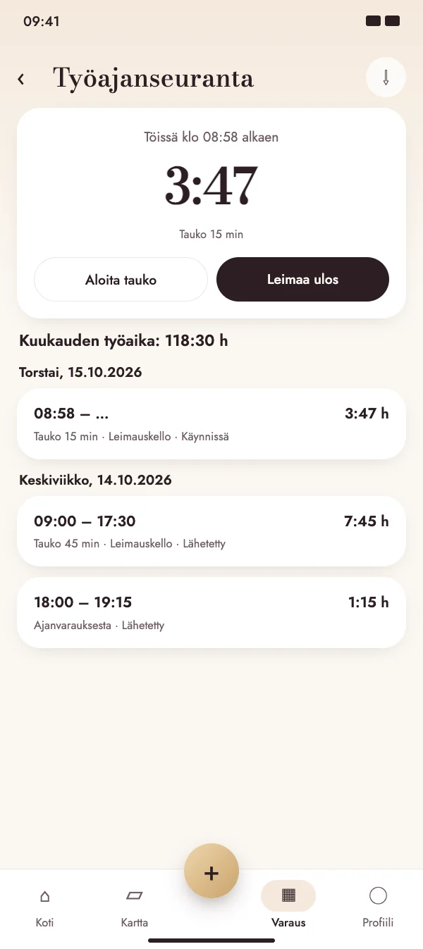Leimaa sisään, pidä tauko, leimaa ulos