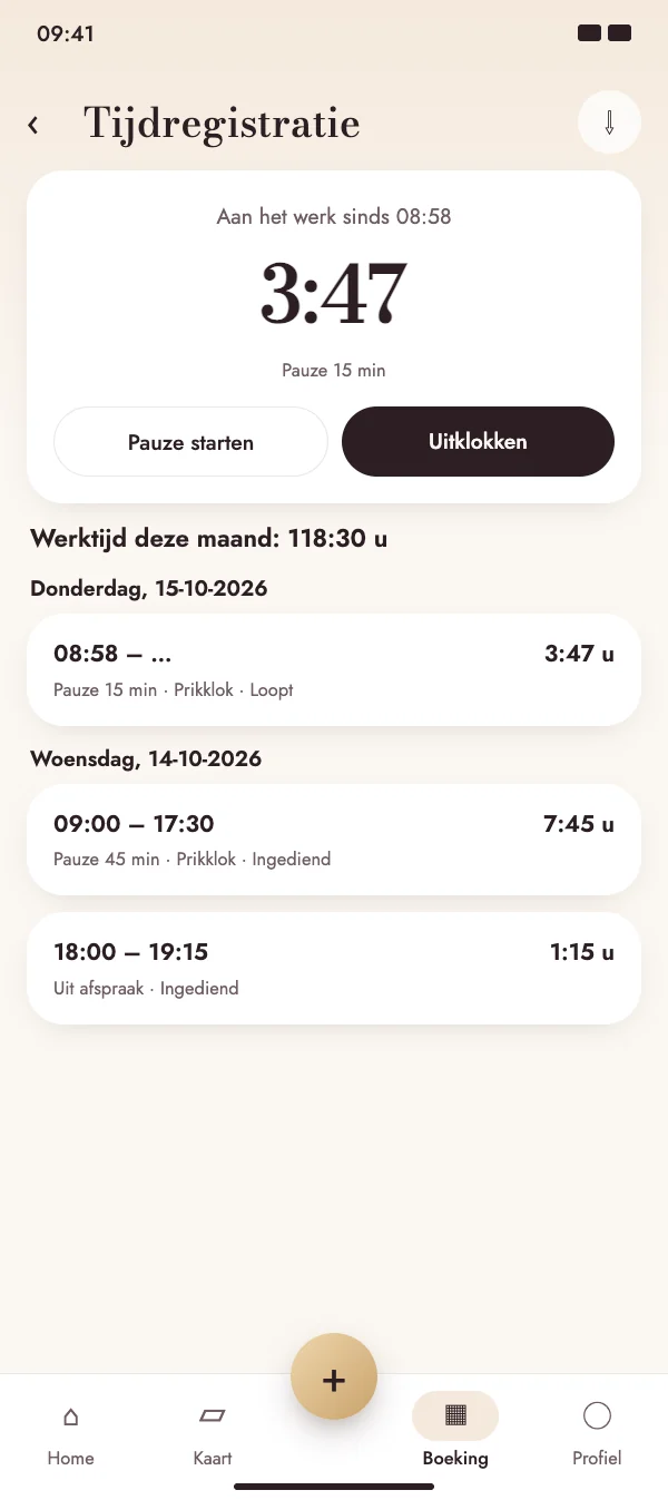 Inklokken, pauze, uitklokken