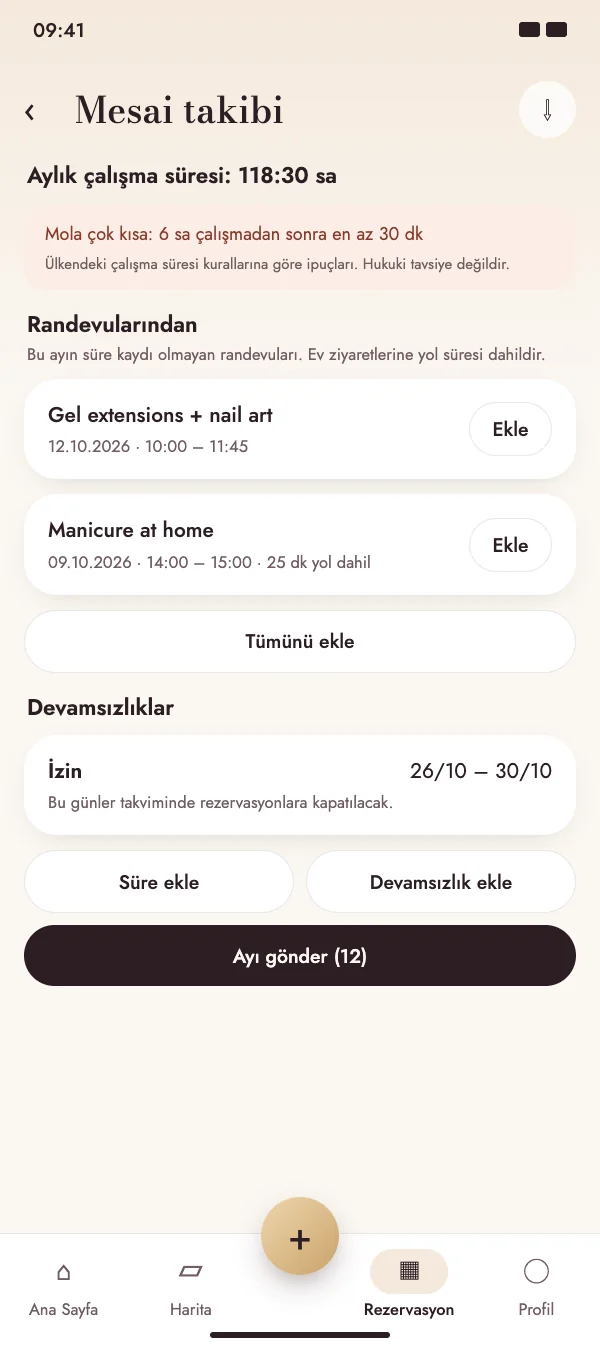 Randevular çalışma süresine dönüşür
