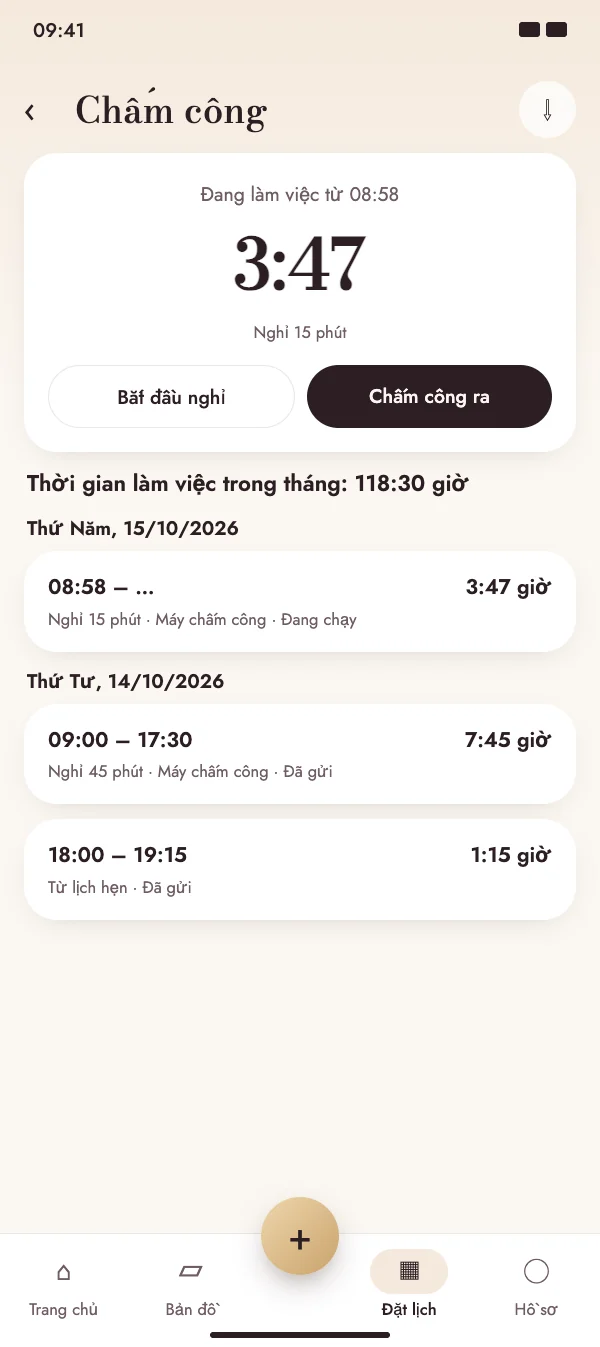 Vào ca, nghỉ giữa giờ, ra ca