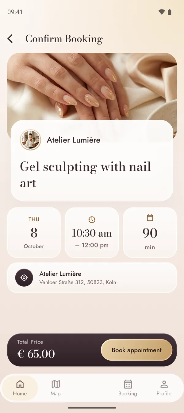 Booking summary with date, duration and price