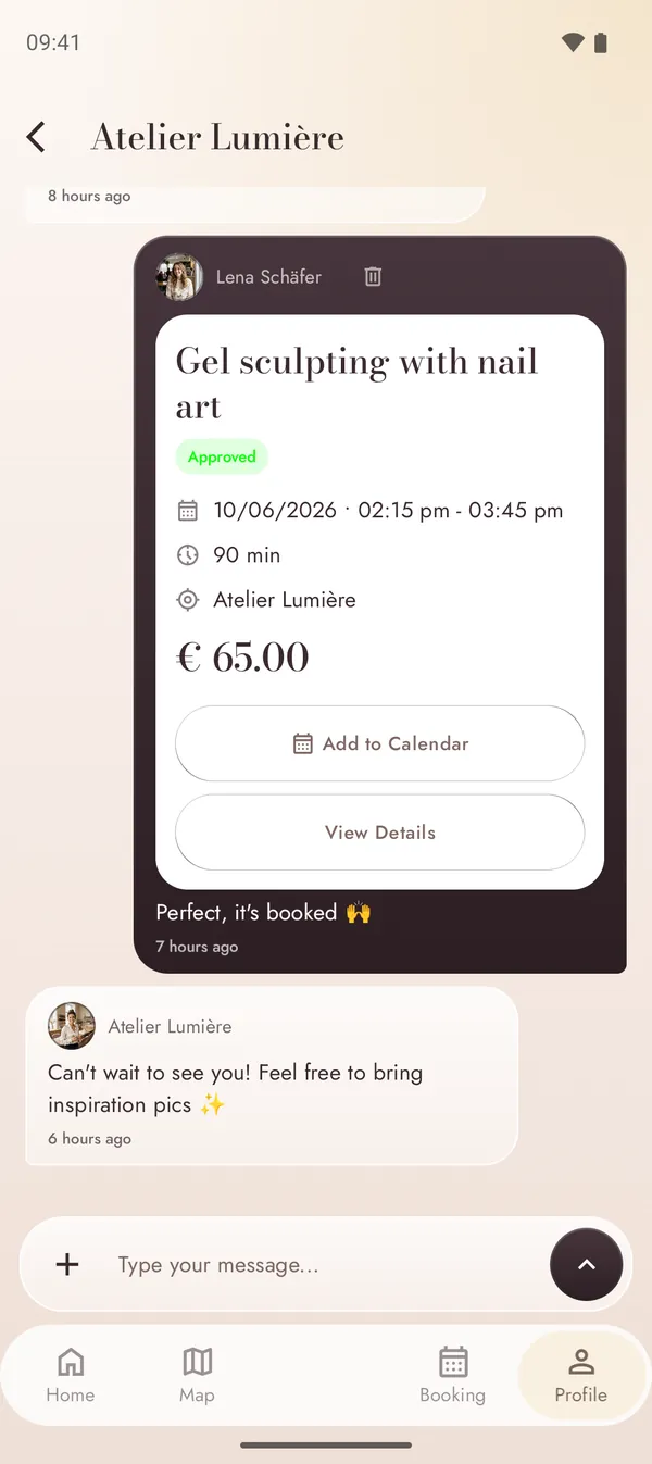 Chat with the nail artist including booking confirmation
