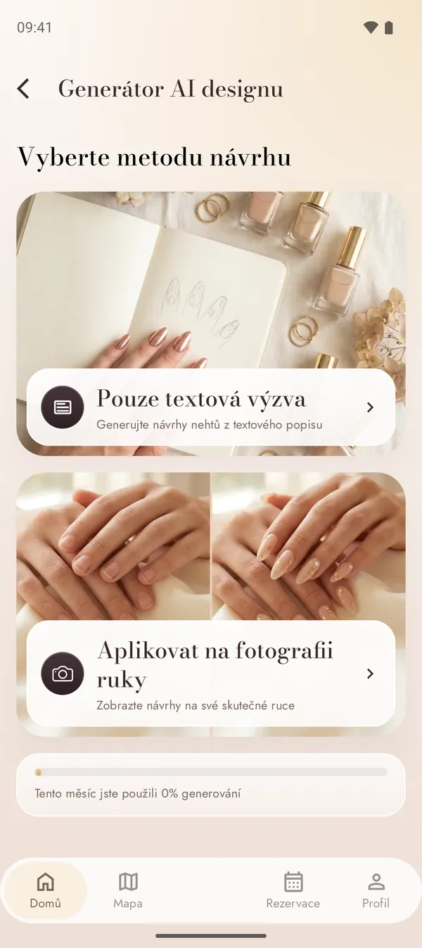 Generátor návrhů AI s textovým promptem a režimem fotky ruky