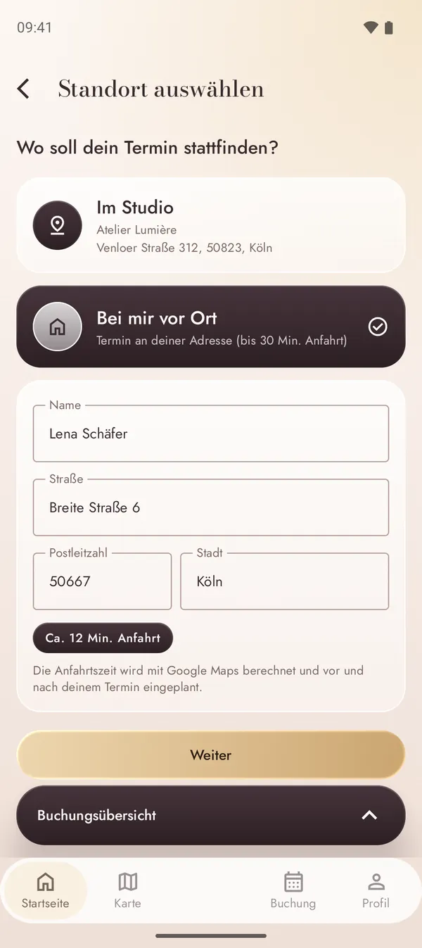 Buchung eines Termins an deiner Adresse mit berechneter Anfahrtszeit