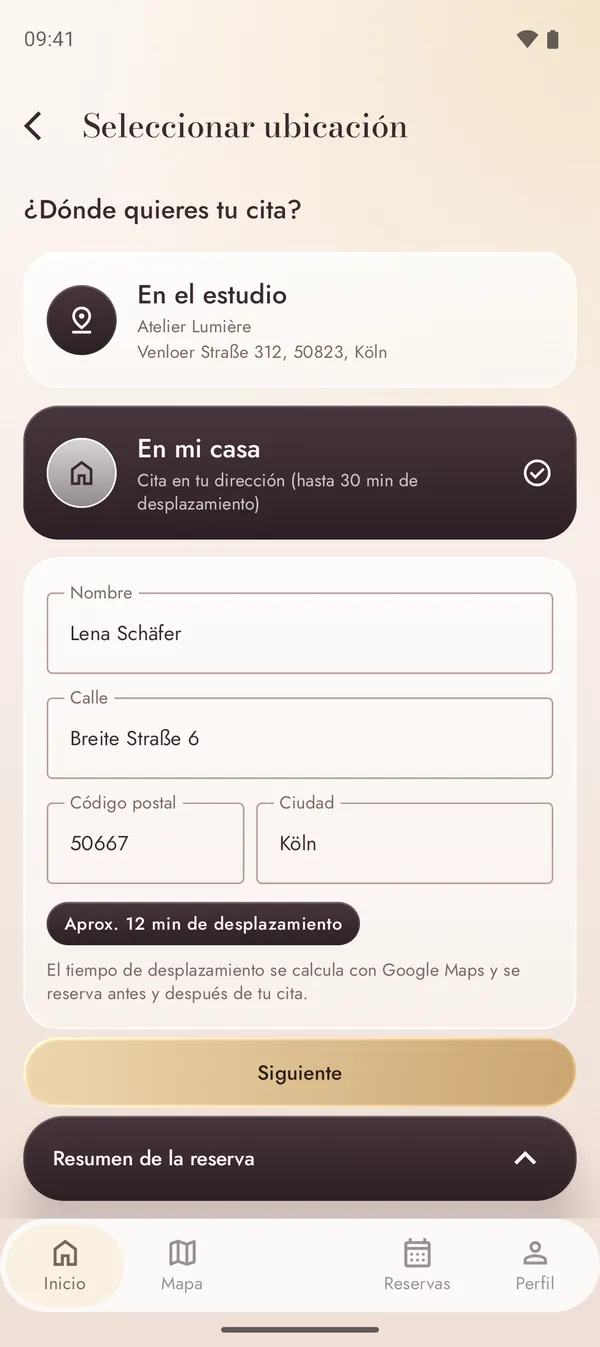 Reserva de una cita en tu dirección con el tiempo de desplazamiento calculado