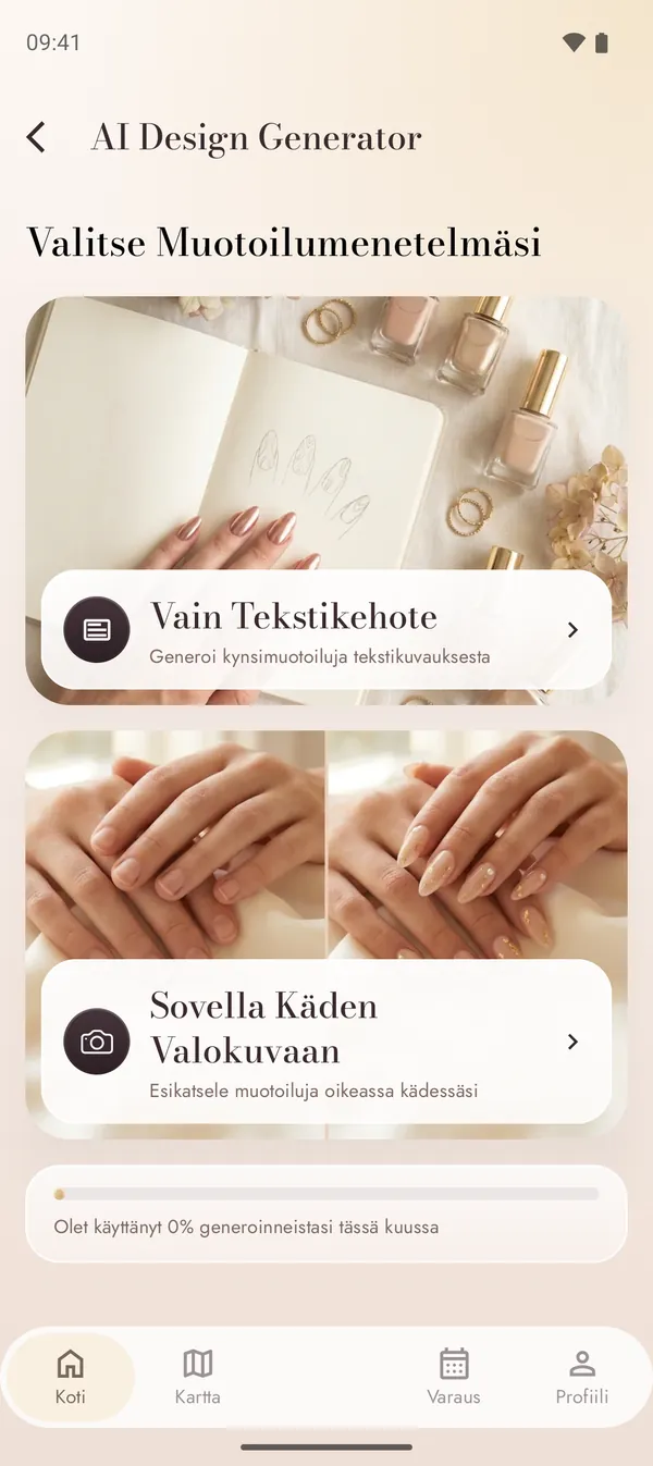 Tekoälydesigngeneraattori tekstikehotteella ja käsikuvatilalla