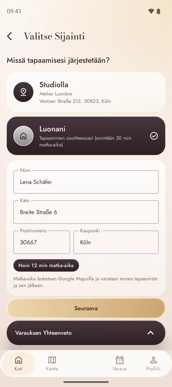 Ajan varaaminen osoitteeseesi lasketulla matka-ajalla