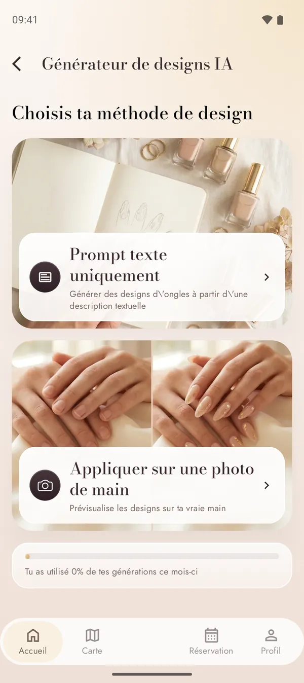 Générateur de designs IA avec prompt texte et mode photo de la main