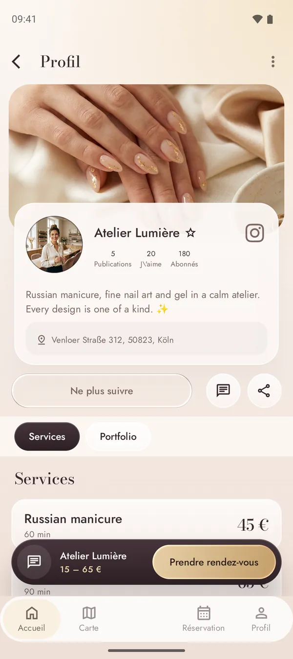 Profil de studio d’ongles avec prestations et prix