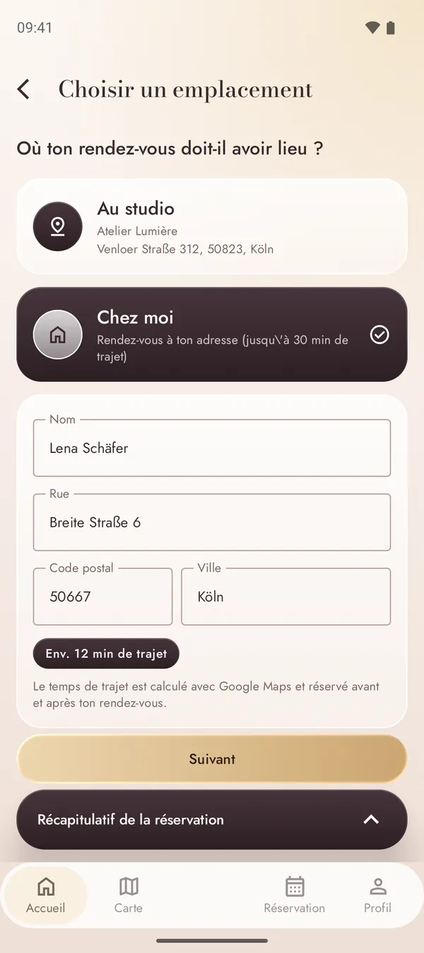 Réservation d'un rendez-vous à ton adresse avec le temps de trajet calculé