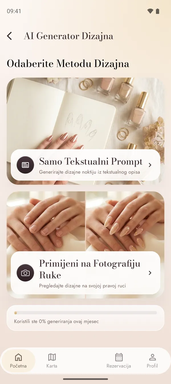 Generator AI dizajna s tekstnim opisom i načinom fotografije ruke