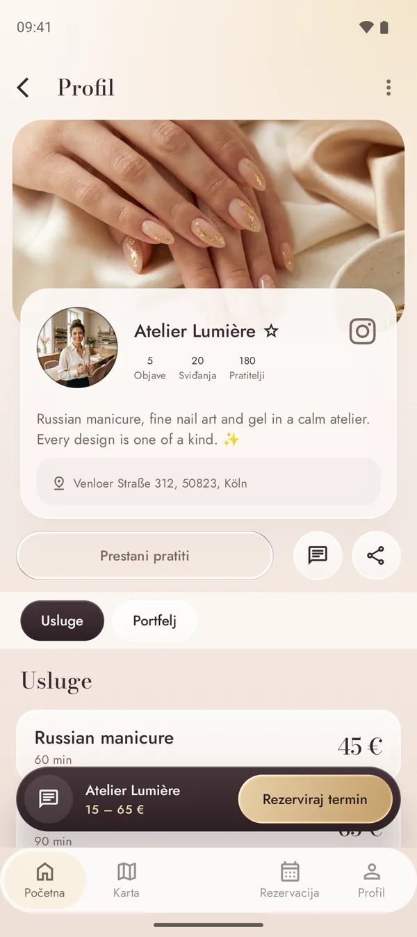 Profil salona za nokte s uslugama i cijenama