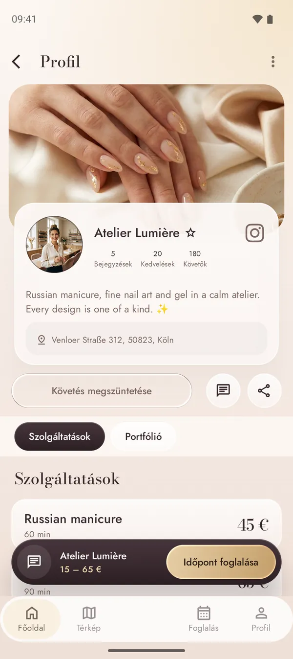 Körömszalon profilja szolgáltatásokkal és árakkal