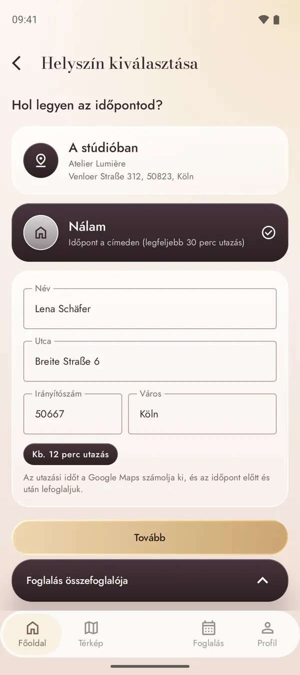Időpontfoglalás a címedre a kiszámolt utazási idővel