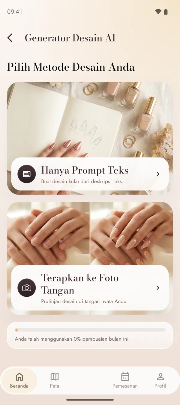 Generator desain AI dengan prompt teks dan mode foto tangan