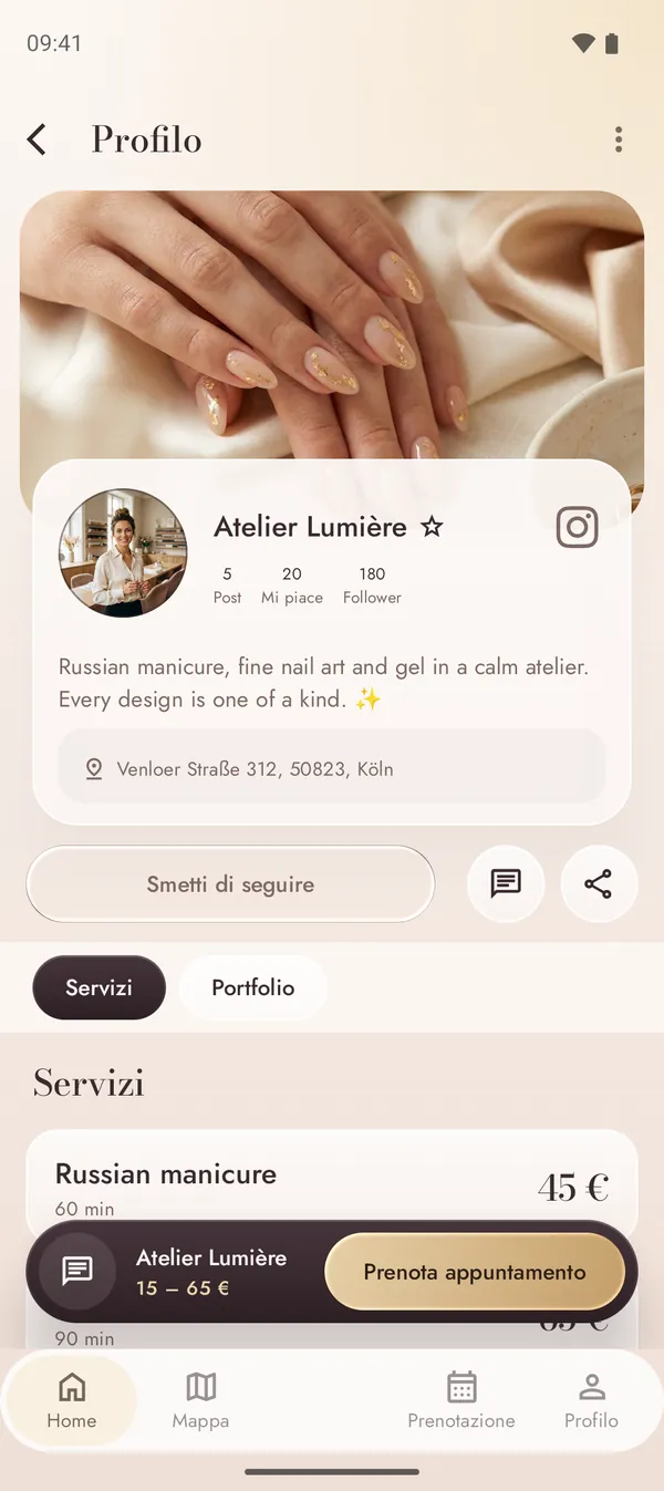 Profilo di uno studio di unghie con servizi e prezzi