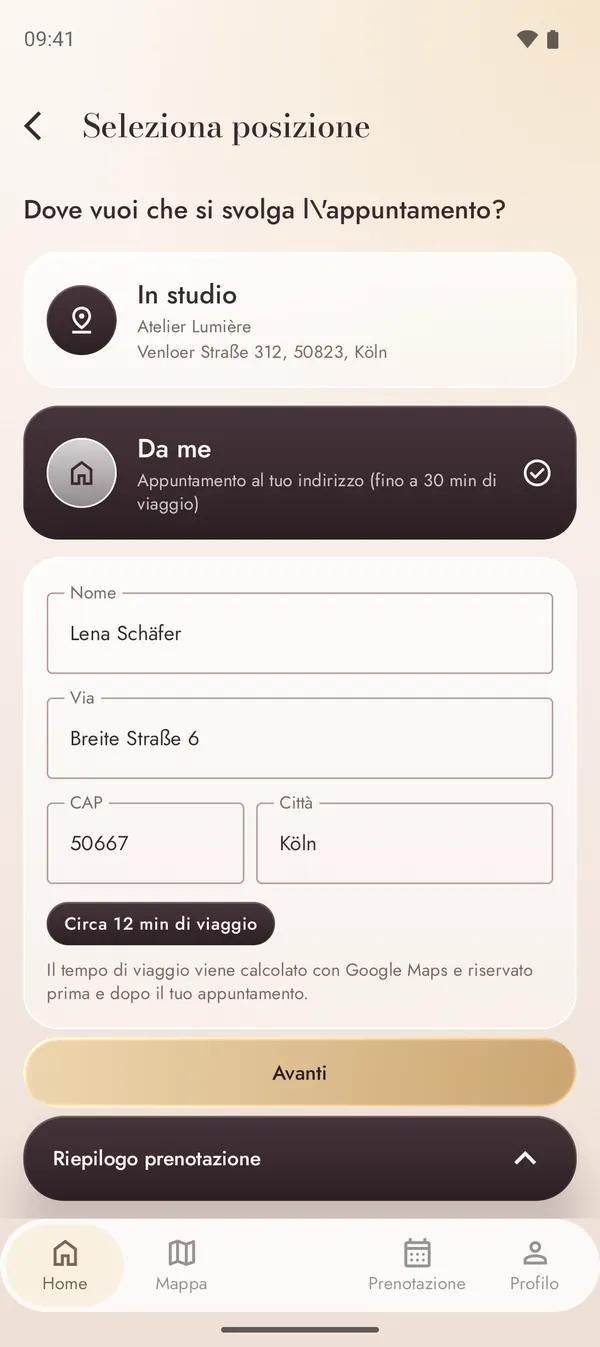 Prenotazione di un appuntamento al tuo indirizzo con il tempo di viaggio calcolato