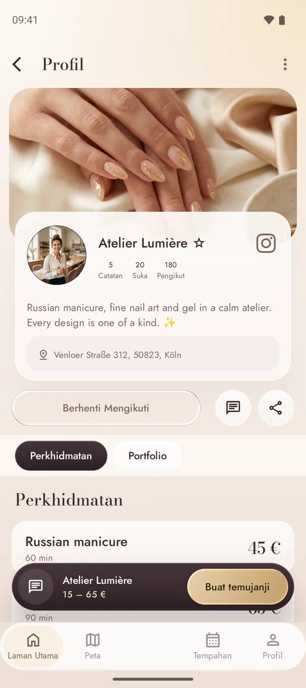 Profil studio kuku dengan perkhidmatan dan harga