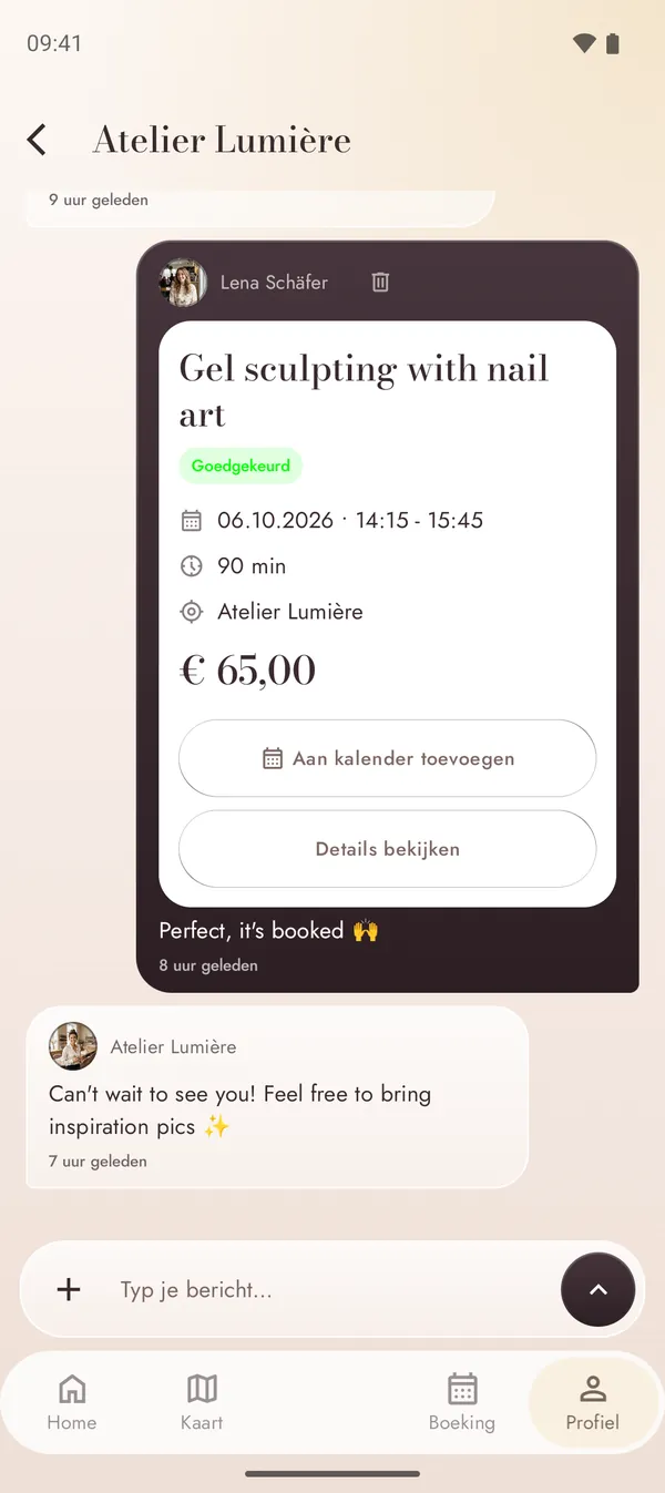 Chat met de styliste inclusief boekingsbevestiging