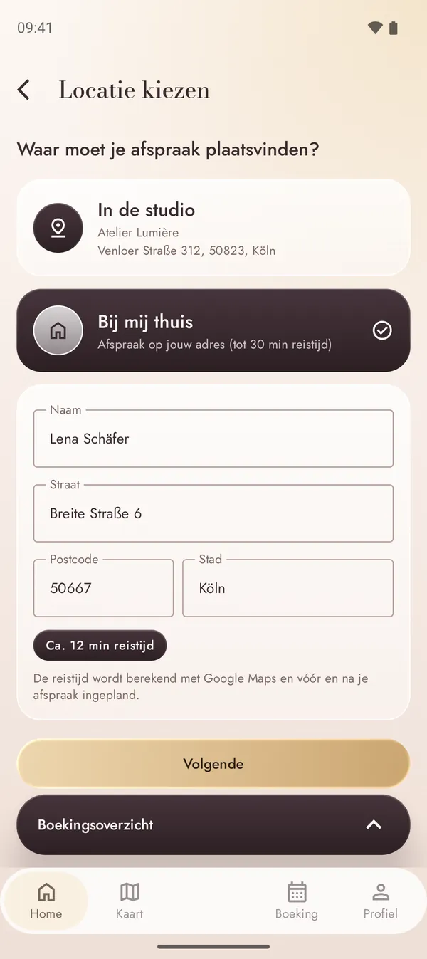 Een afspraak op jouw adres boeken met de berekende reistijd