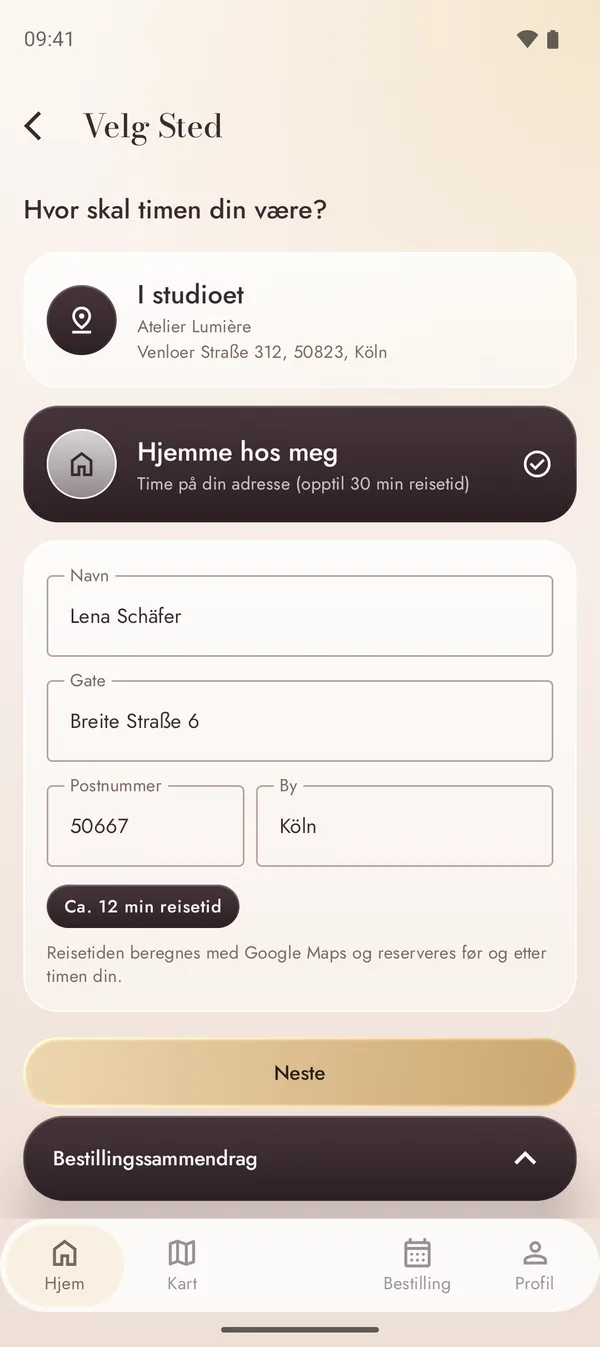 Bestilling av en time på adressen din med beregnet reisetid