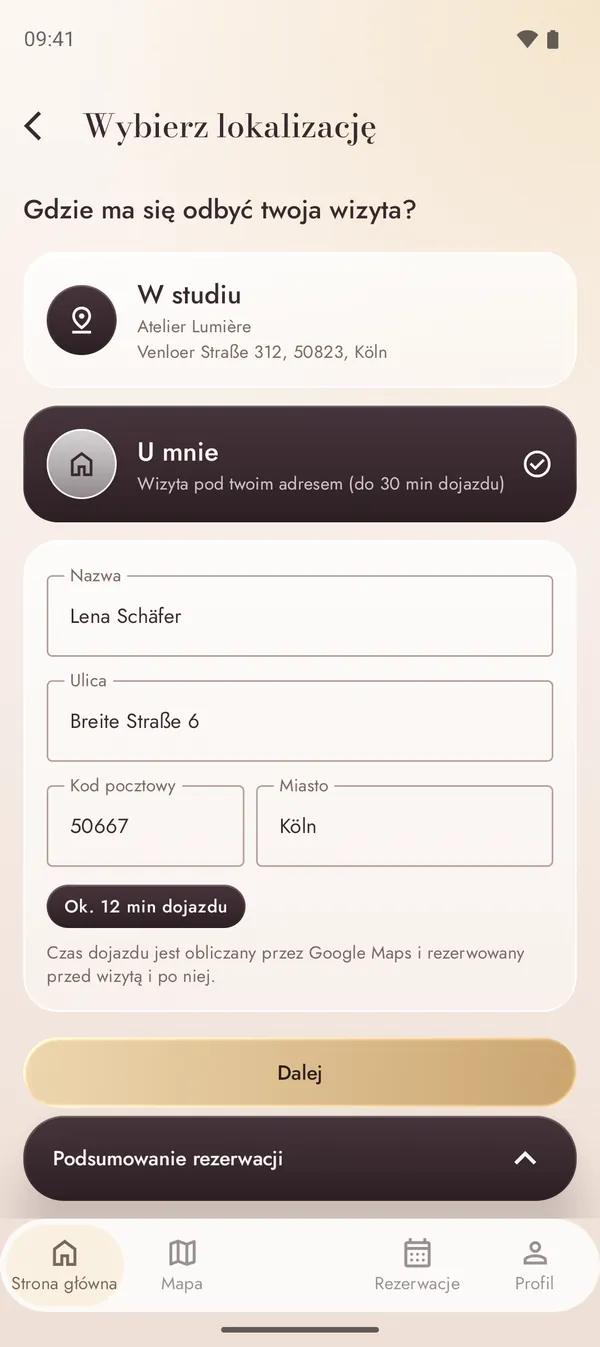 Rezerwacja wizyty pod twoim adresem z obliczonym czasem dojazdu