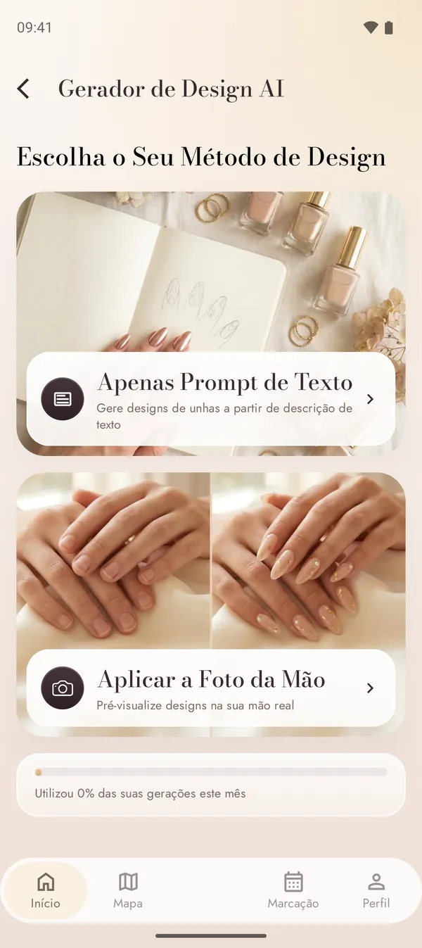 Gerador de designs IA com prompt de texto e modo foto da mão