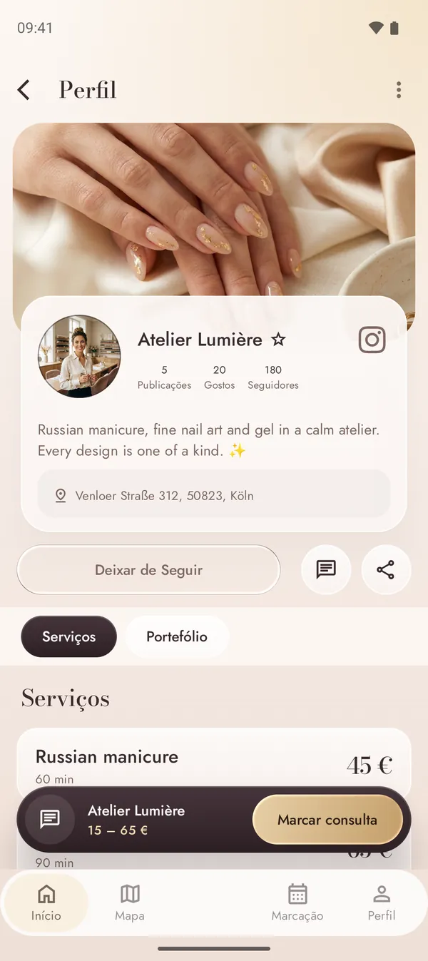Perfil de estúdio de unhas com serviços e preços