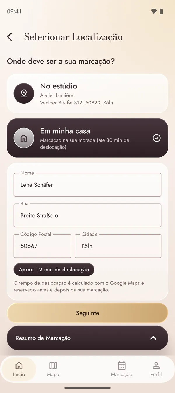 Marcação de uma sessão na tua morada com o tempo de deslocação calculado
