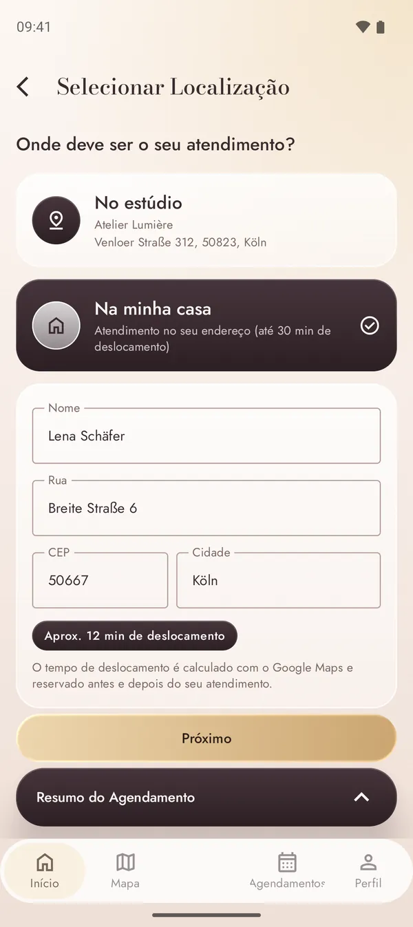 Agendamento de um horário no seu endereço com o tempo de deslocamento calculado